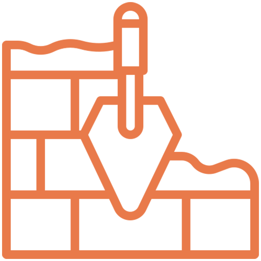 Construction symbol featuring a trowel on a brick wall, representing building and masonry work. Relevant for construction-related content.